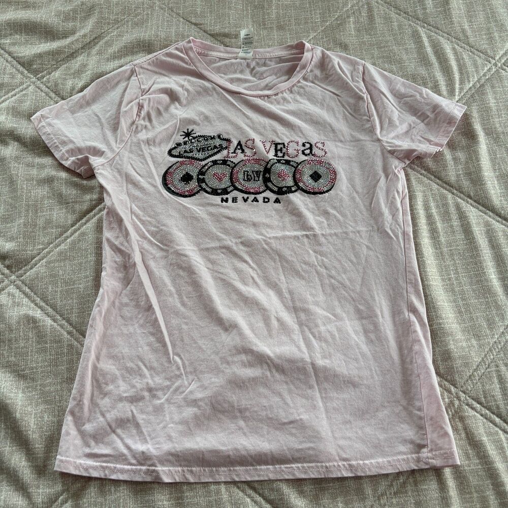 Las Vegas Rhinestone Poker Chip Graphic Light Pink Short Sleeve T-Shirt Medium